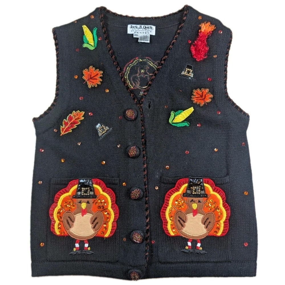 Vintage Jack B Quick Embroider Vest Cardigan Thanksgiving Turkey Sz Petite Sm